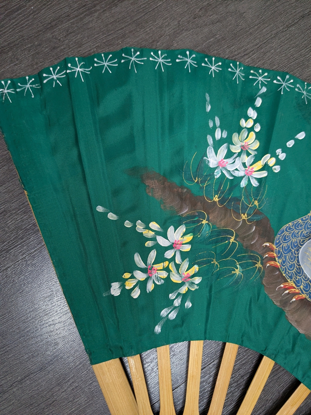 Vintage Decorative Peacock Wall Fan Handpainted Asian Floral Large 30" - Picture 11 of 16